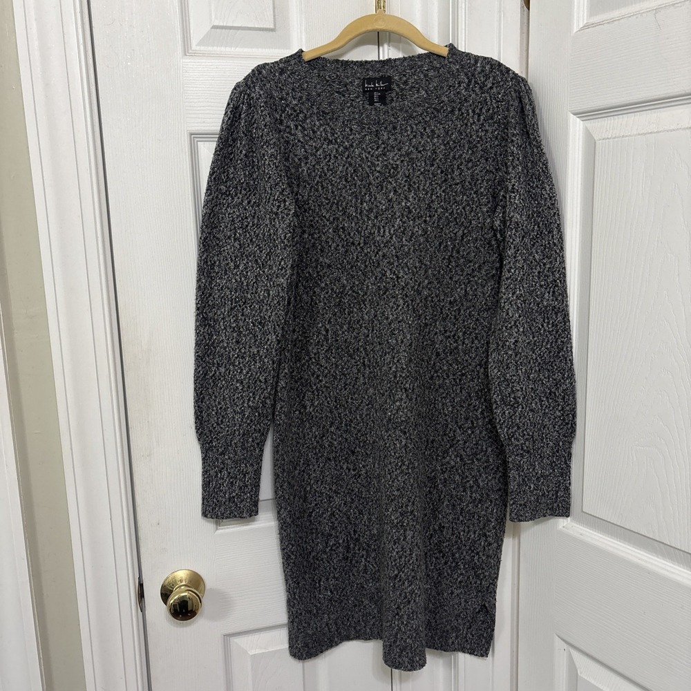 Nicole Miller Knit Sweater Dress Sz L Gray Black Marled Midi Sheath Long Sleeve
